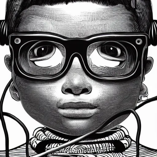 Image similar to illustration of a boy connected to his laptop with wires, highly detailed, by butcher billy, mcbess, rutkowski, james jean, 8 k, photorealistic