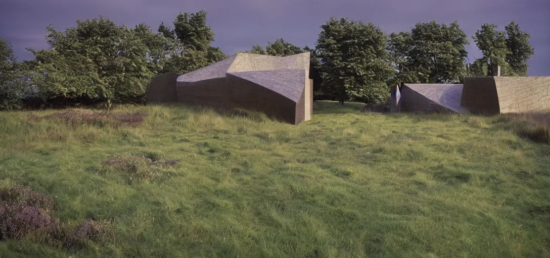 Image similar to scottish blackhouse designed by zaha hadid. outdoor landscaping designed by roberto burle marx. fujinon premista 1 9 - 4 5 mm t 2. 9. portra 8 0 0.