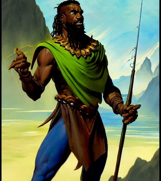 Prompt: magic : the gathering fantasy character concept art by frank frazetta and marco bucci, high resolution. a clear portrait of a 3 0 - year old athletic male jamaican, fisherman, wearing yellow green black calico clothing, magical fishing rod weapon, jamaican ocean flowing in the background, symmetry, fantasy coloring, intricate, 8 k, digital painting, artstation, smooth, sharp focus