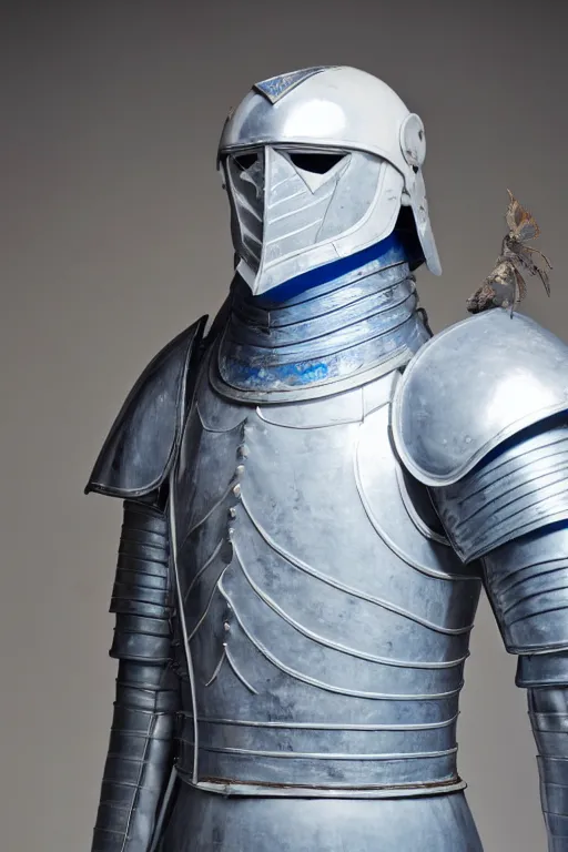 Image similar to Studio photograph of a suit of armor made of white porcelain with blue trim. 8k.