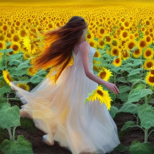 Image similar to a girl slowly running through amazing tall sunflower field, hair flowing, dynamic hands position, fog, early morning lightning, subtle, intricate details, real masterpiece, oil on canvas, by somsak anong