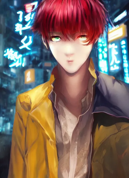 Image similar to manga cover, red-haired teenager with yellow skin and blue facial markings, short hair, intricate cyberpunk city, emotional lighting, character illustration by tatsuki fujimoto