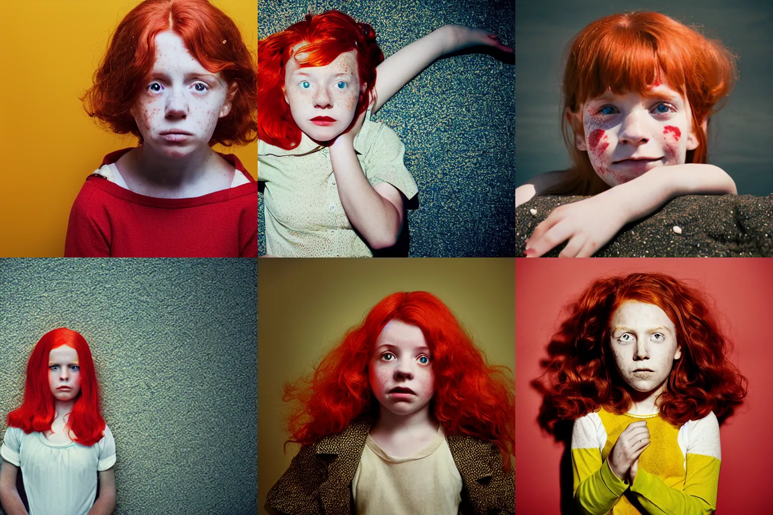 Prompt: photograph of a 10 year old girl taken by alex prager, red hair, freckles