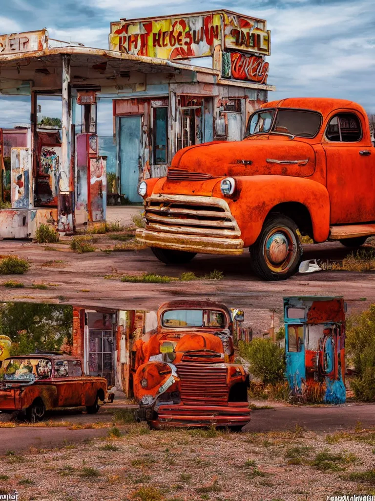 Image similar to A beautiful colorful evening scene of route66 with abandoned gas station and rusty old pickup truck :: hyper realistic