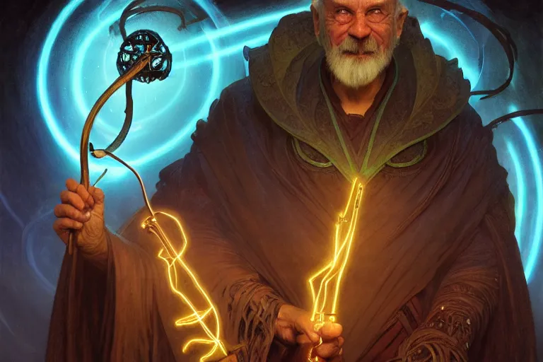 Prompt: a portrait of a wise wizard with a staff glowing with bioluminescence, highly detailed, digital painting, cinematic, hyper realism, dark retrowave, art by Stanley Lau and Artgerm and magali villeneuve and Alphonse Mucha, in a library by greg rutkowski and frank frazetta and peter mohrbacher and william blake and dan mumford artstation, octane render, cgsociety