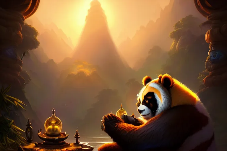 Image similar to [ important ] amazing portrait of a pandaren meditating [ / important ], hearthstone splash art, deiv calviz, splash art, natural light, elegant, intricate, fantasy, atmospheric lighting, by greg rutkowski, hearthstone splash art, hd wallpaper, ultra high details, cinematic composition