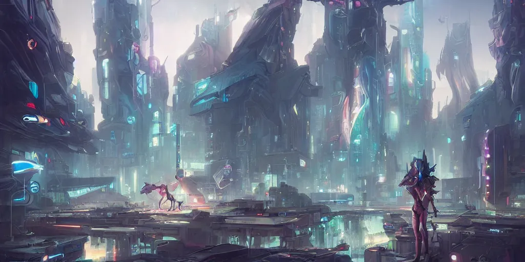 Image similar to unicorn in a futuristic cyberpunk town. By Peter Mohrbacher, highly detailed