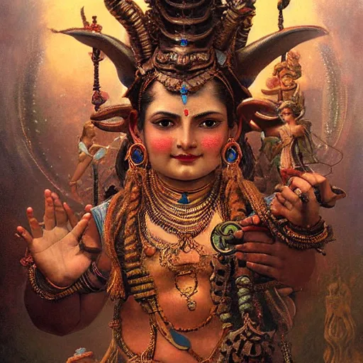 Image similar to detailed potrait of hindu god shiva with hightec vr headset steampunk head armour, girl graceful,, painting by gaston bussiere, craig mullins, j. c. leyendecker, lights, art by ernst haeckel, john william godward, hammershøi,,