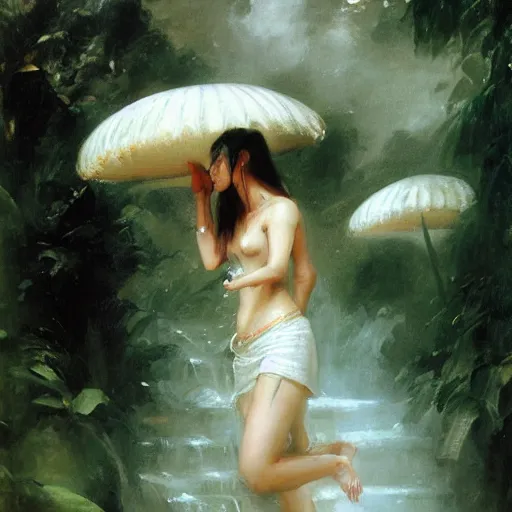 Prompt: monsoon on tropical island, oriental goddess in white, elegant, frontal, ornate, beautiful, atmosphere, vibe, mist, coconuts, rain, wet, pristine, puddles, melting, dripping, snow, creek, lush, ice, bridge, forest, roses, flowers, by stanley artgerm lau, greg rutkowski, francisco de goya