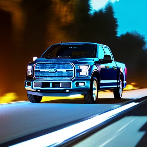 Image similar to ford f - 1 5 0 driving behind a car on the highway with the highbeams on, nighttime, photo, detailed