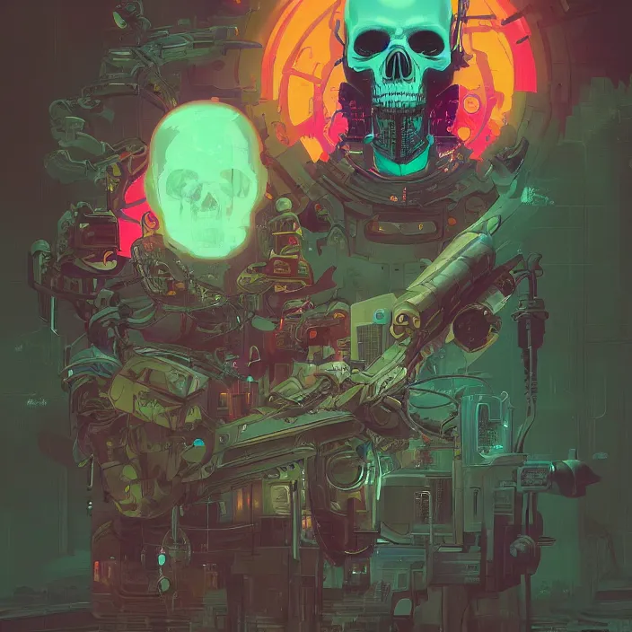 Image similar to a beautiful painting of a cyberpunk skull by simon stalenhag and pascal blanche and sachin teng and alphonse mucha. in style of digital art. colorful comic, film noir, symmetry, hyper detailed. octane render. trending on artstation