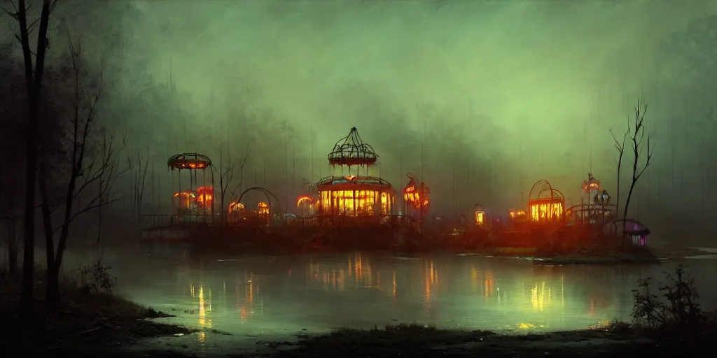 Image similar to concept art of an abandoned amusement park with broken attractions in a swamp at night, grimy, gritty, trending on artstation, award winning painting, cgi, art by ivan aivazovsky and john howe and filip hodas and zhang kechun