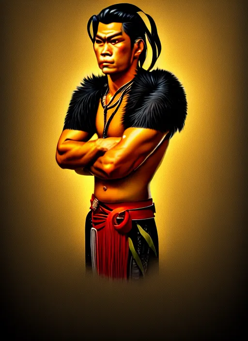 Image similar to lapu - lapu portrait full body illustration, dramatic lighting, vintage artwork, filipino artwork, indonesian art, cruz herrera jose, trending on artstation, 4 k, high quality