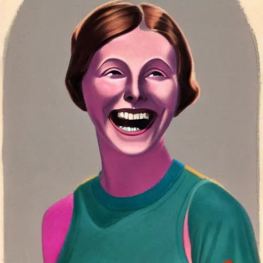 Image similar to a 1 9 2 8 color drawing portrait. happy, healthy, smiling, sporty, glowing, teenage greta garbo in athletic wear with big smile and healthy teeth. colorful, realistic, high quality.