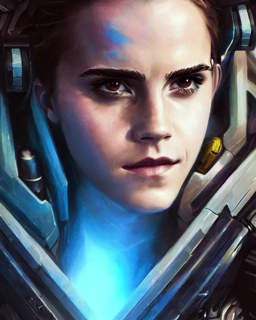 Image similar to portrait, emma watson in starcraft ii, sci - fi, futuristic armor with blue neon lights, space marine, dramatic lighting, highly detailed, digital painting, 3 d render, hyper realistic detailed portrait, greg rutkowski, wlop, ruan jia, peter mohrbacher