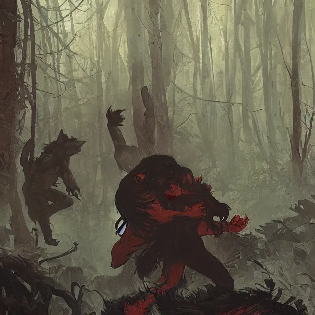 Image similar to a male werewolf fighting a young fit male vampire in a dark forest at night, by greg rutkowski and alphonse mucha, gradient brown to red, highly detailed, digital painting, artstation, concept art, smooth, sharp focus illustration