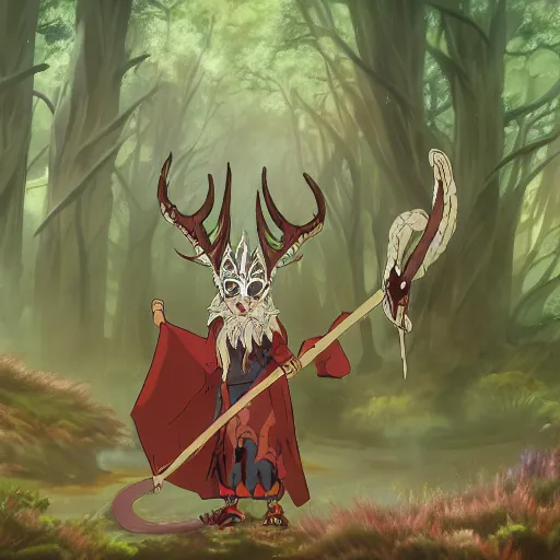 Image similar to concept art painting of an anthropomorphic dragon king with robes, a long dragon neck, and horned skull mask, in a deep forest, anime style, cel shaded, in the style of makoto shinkai and james gurney and studio ghibli and moebius