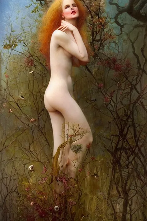 Image similar to An extremely beautiful young nicole kidman from the early 90s explaining the birds and the bees by Tom Bagshaw in the style of a modern Gaston Bussière, art nouveau, art deco, surrealism. Extremely lush detail. Melancholic scene. Perfect composition and lighting. Profoundly surreal. High-contrast lush surrealistic photorealism. Sultry and mischievous expression on her face.