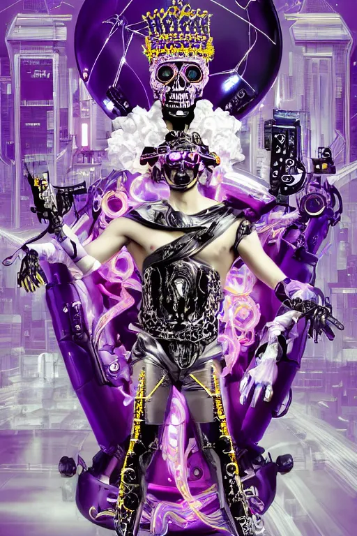 Image similar to full-body rococo and cyberpunk style violet neon statue of a young attractive Spanish male macho dotado android reclining sim roupa con piroca, glowing white laser eyes, prince crown of orange gears, diamonds, swirling silver-colored silk fabric. futuristic elements. full-length view. space robots. human skulls. intricate artwork by caravaggio. Trending on artstation, octane render, cinematic lighting from the right, hyper realism, octane render, 8k, depth of field, 3D