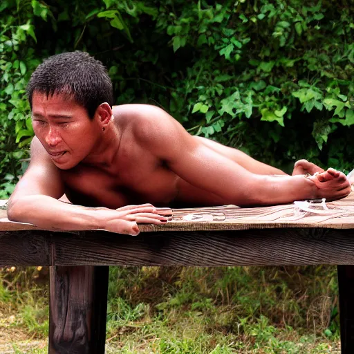 Prompt: amazon warrior laying on a table