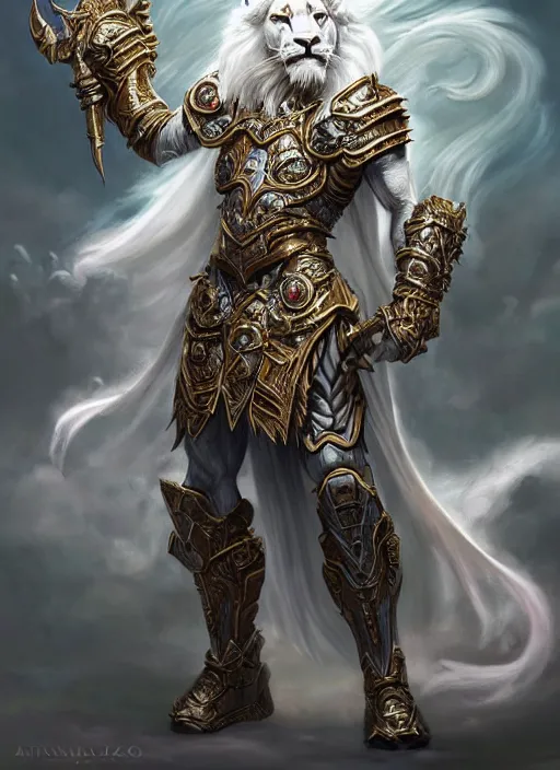 Prompt: anthropomorphized white lion paladin casting spell, heroic pose, concept art, insanely detailed and intricate, hypermaximalist, elegant, ornate, hyper realistic, super detailed, art deco, cinematic, trending on artstation, magic the gathering artwork