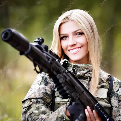 Prompt: closeup very beautiful blonde female sniper looking at l 9 6 a 1 with mischievous smile and happy eyes