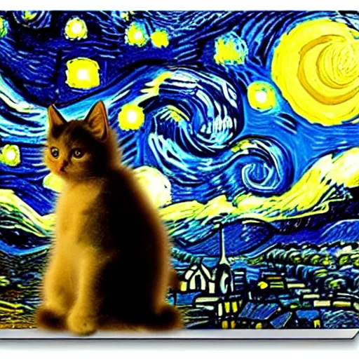 Prompt: kittens staring at moon in van goh a starry night