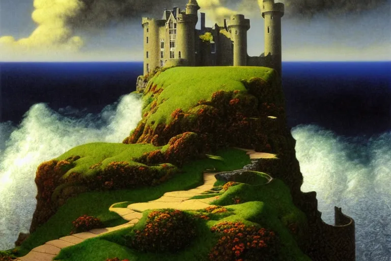 Prompt: a landscape of an irish castle on a seaside cliff, dark clouds, waves crashing, fantasy painting by michael whelan and maxfield parrish, 4 k, hd, award winning, intricate details