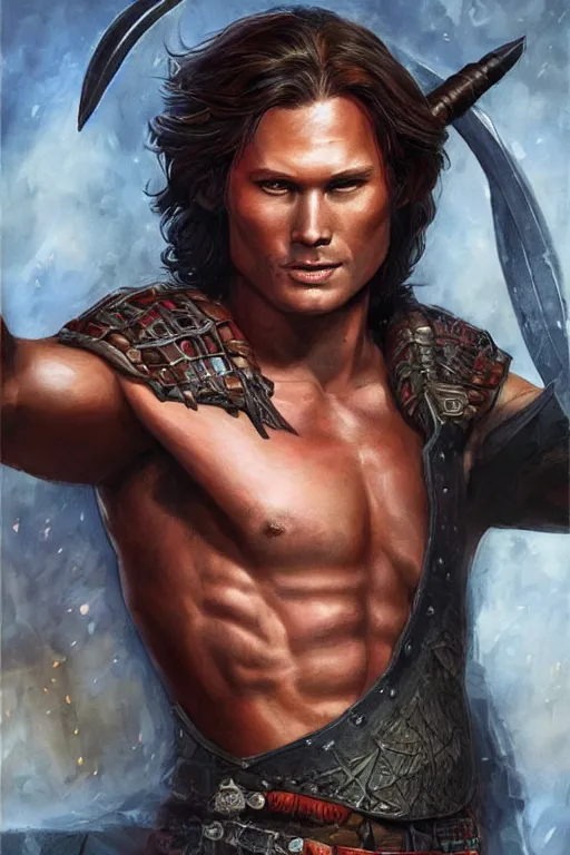 Prompt: portrait of attractive sam winchester as a rogue scotish warrior from the x century, muscular body tattooed, d & d!, fantasy style, sharp focus!, ultra detailed, art by artgerm and peter andrew jones, wlop