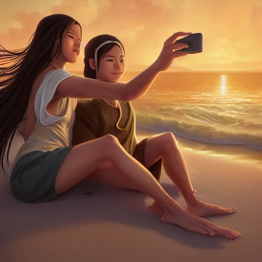 Image similar to beautiful serene intricate portrait of katara and toph taking a selfie, smiling softly, relaxing on the beach, golden hour, soft focus, 8 k, art by irakli nadar, hyperrealism, hyperdetailed, ultra realistic