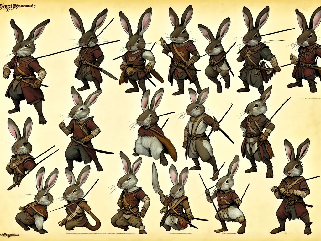 Image similar to character design sheet for a group of heroic rabbit archers on a parchment background, redwall, greg rutowski and jean baptiste monge, very very detailed, epic fantasy concept art