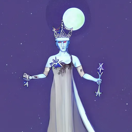 Image similar to Artemixel, the modern reincarnation of the old selenium god of hunt and moon, also known as Artemis or Selene, carrying the crown of the crescent moon. They are crowned by a bright and slightly bluish crescent like the brightness of the night. Treding on Artstation, digital art, concept art