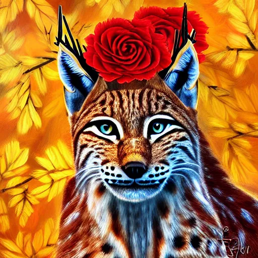 Prompt: lynx wearing a crown made out of roses and golden leaves, a majestic crown, an expressive digital painting, high quality art,