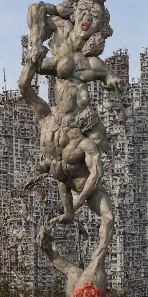 Image similar to giant grotesque flower proletariat statue in the middle of abandoned early soviet constructivist cityscape, Stalinist architecture, ultradetailed by Hayao Miyazaki and Josan Gonzalez and Makoto Shinkai and Giuseppe Arcimboldo and Wes Anderson