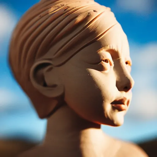 Prompt: a girl made out of clay surrounded by a biomorphic clouds in rolling hills, 5 0 mm lens, f 1. 4, sharp focus, ethereal, emotionally evoking, head in focus, volumetric lighting, 8 k