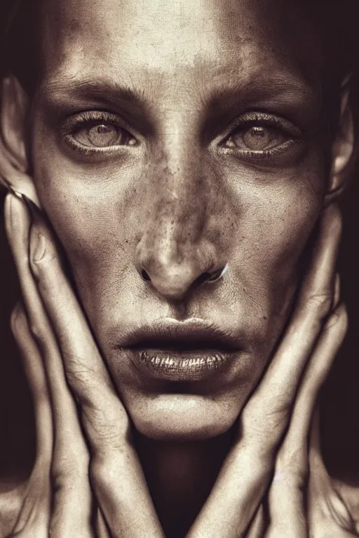 Prompt: a portrait of a super model on the cover of vogue fashion magazine, by Lee Jeffries, anatomically correct, beautiful perfect face, sharp focus, Highly Detailed