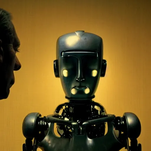 Image similar to movie scene of a man with a robot head, movie still, acting, cinematic composition, cinematic lighting, Movie by David Lynch and Andrzej Żuławski