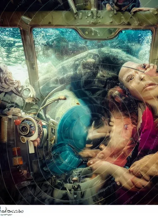 Image similar to detailed colourful masterpiece of photography by anne leibovitz couple portrait sat down extreme closeup, love, inside an underwater train, detailed realistic expressions, wearing unusual clothes, by mcbess, ultra wide angle