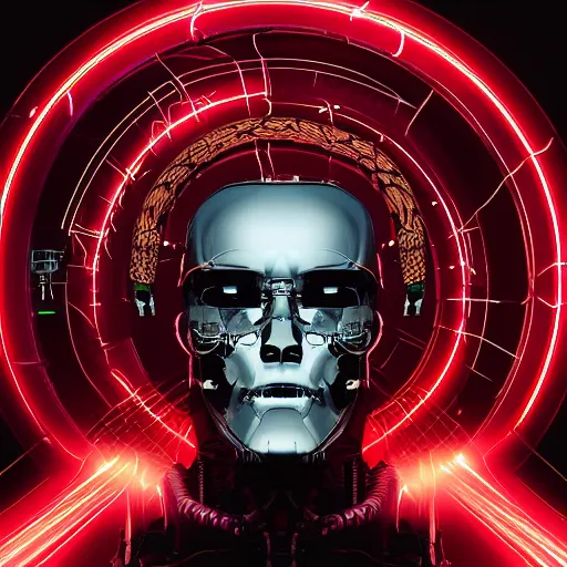 Prompt: the torso of fully a mechanical terminator man with borg implants, human face and robotic snakes coming out of his head is hanging from cables and wires off the ceiling of an futuristic computer lab and plugged into a quantum computer. His bottom half is missing with cables hanging out. resonance glowing red and white fractals, black dark background. curly blond hair pale skin. very detailed 8k. Cyberpunk horror style.