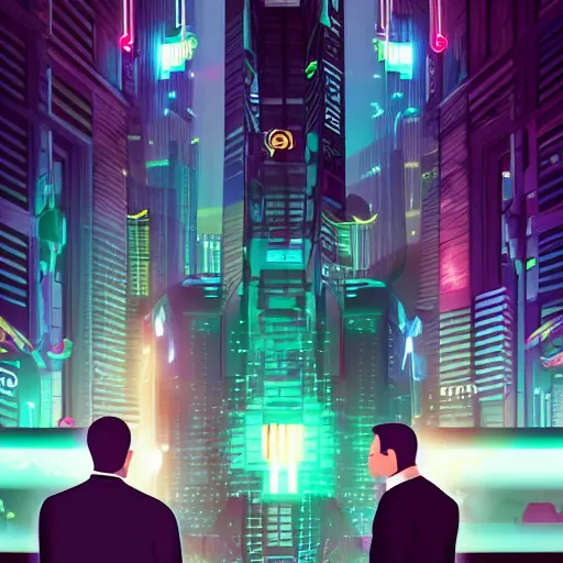 Prompt: two cyberpunk businessmen, detailed digital illustration, nighttime, colorful lighting, android netrunner