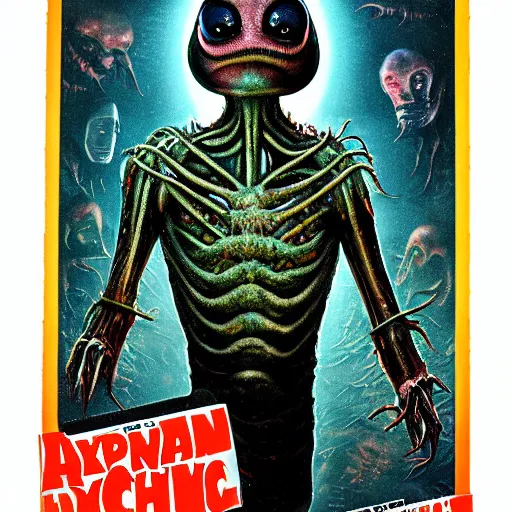 Image similar to a hyper detailed filmic realistic atmospheric full body backlit establashing wide shot semi symmetrical film 30mm color photograph of the alien organism creature with multiple human limbs and grotesque distorted human face mutating from The Thing 1982 in the style of John Carpenter horror movie