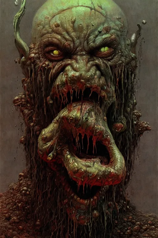 Image similar to brutal scary terrifying ugly monstrous barbarian goblin horror portrait by beksinski and jean delville, slimy pus oozing, unreal engine 5, photorealism, hd quality, 8 k resolution, cinema 4 d,