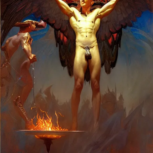 Prompt: attractive male lucifer morningstar casting a spell summoning male demons, they rise from down bellow. highly detailed painting by gaston bussiere, craig mullins, j. c. leyendecker, 8 k