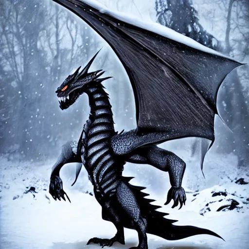 Image similar to handsome cute black dragon in snowy forest, dnd character, background focus, fantasy, magic, realistic