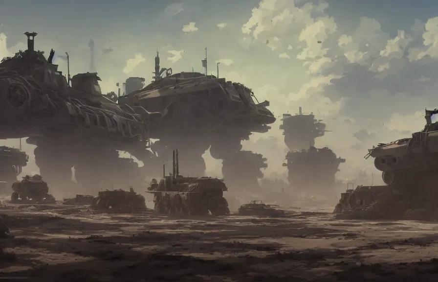 Image similar to concept art of a dusty field with ruined dieselpunk orcish tanks in the background, bomb craters, smoke, key visual, ambient lighting, highly detailed, digital painting, artstation, concept art, sharp focus, by makoto shinkai and akihiko yoshida and hidari and wlop