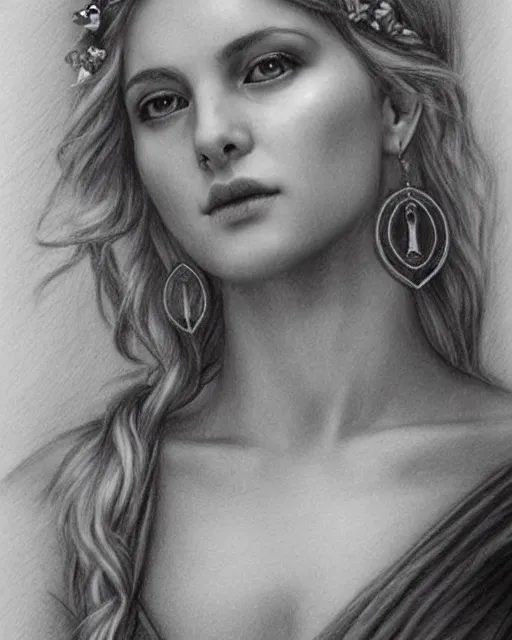 Image similar to pencil drawing of a beautiful greek goddess aphrodite wearing a laurel wreath and arrowhead earrings, beautiful confident and piercing eyes, beautiful blonde hair, hyper realistic face, in the style of greg rutkowski, fantasy, amazing detail, epic, elegant, smooth, sharp focus, from the front