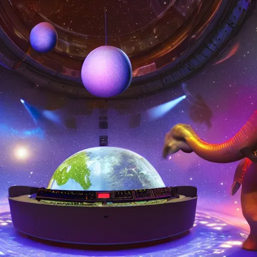 Image similar to a hyperrealistic 3D octane render of an elephant wearing oculus rift VR goggles, playing a keyboard inside of a dome planetarium with planets and galaxies, 8k, unreal engine, dramatic lighting, volumetric lighting, uplighting, ray tracing, photorealistic,