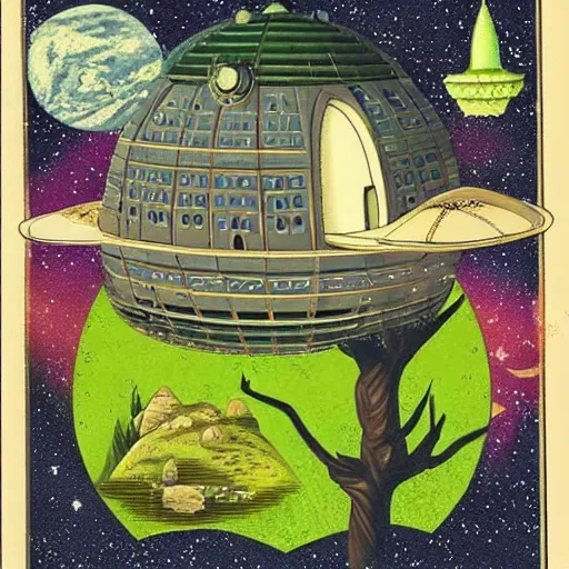 Prompt: ottoman style domed spaceship, lush pastoral woodland scene, pulp science fiction illustration