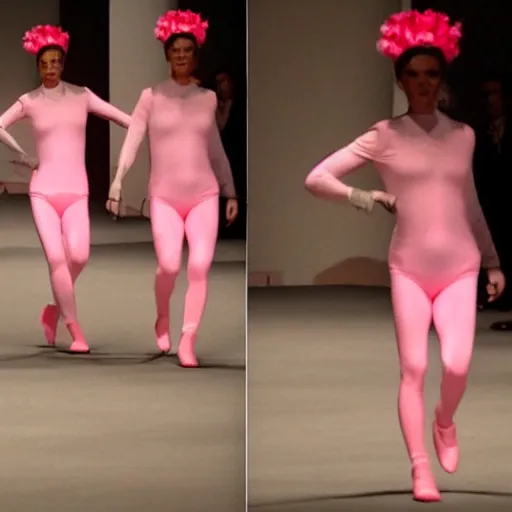 Image similar to cinematic shot of george bush wearing a pink unitard walking down a runway at a fashion show, 8 k, very detailed, very intricate,