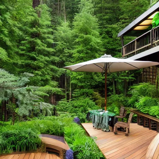 Image similar to backyard deck in misty lush landscape with multi levels and rich wood, gas lanterns, fern and golden retrievers